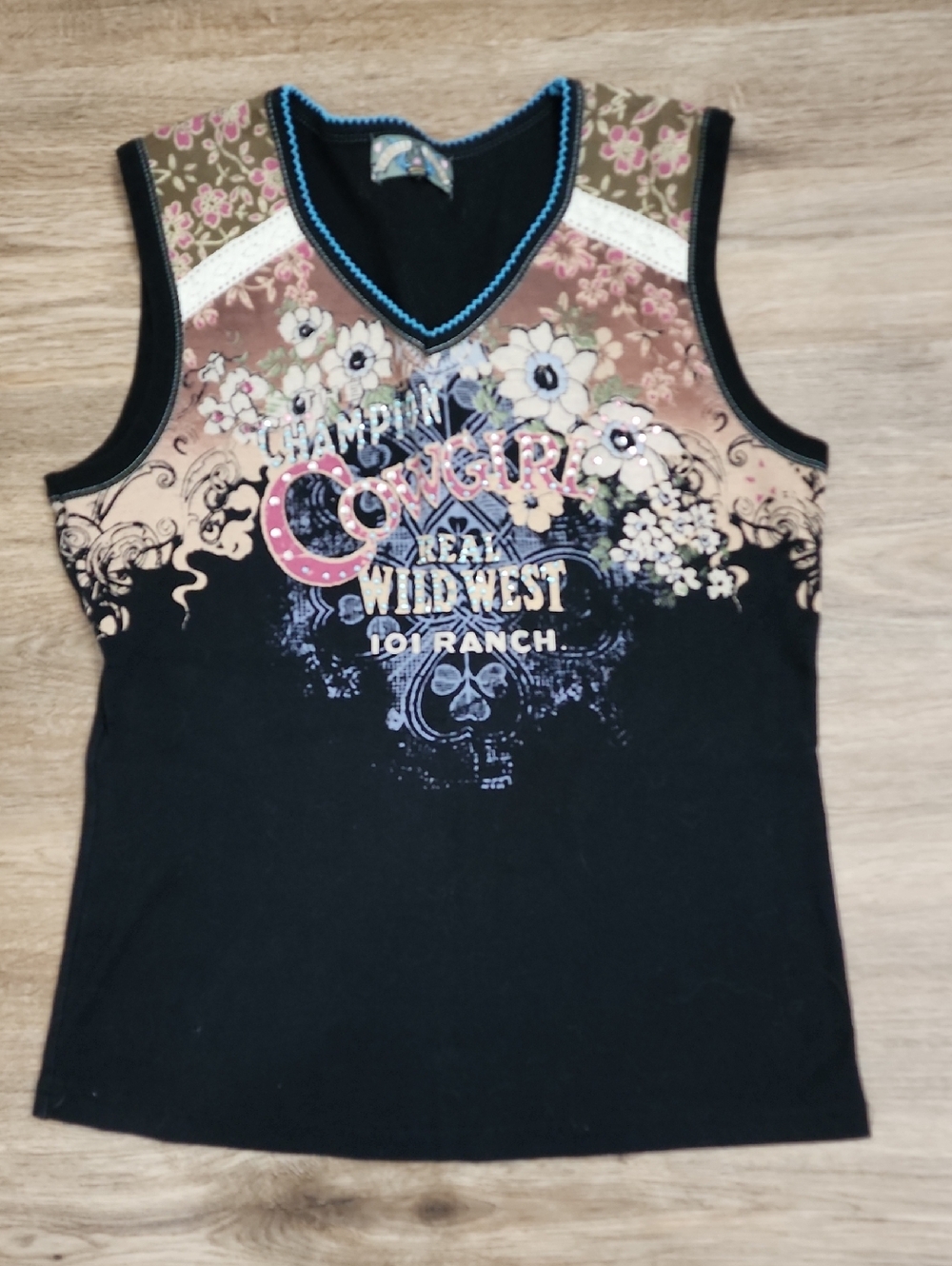 Vanilla Sugar Cowgirl Graphic V-Neck Sleeveless Top - Black